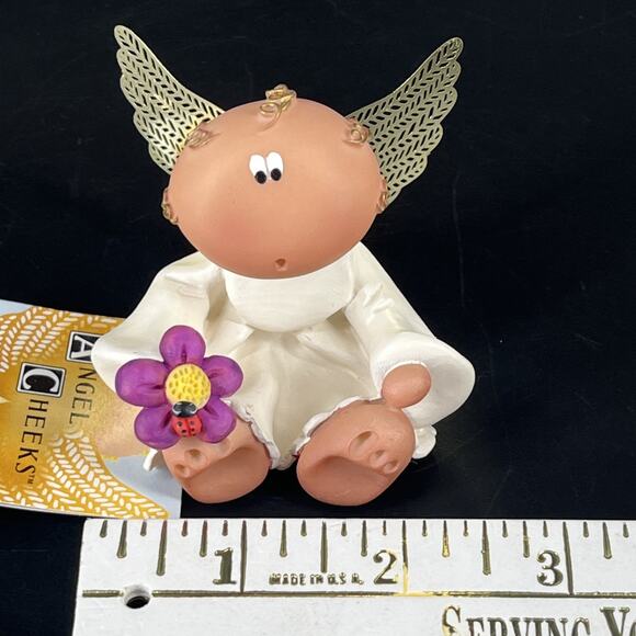 2001 Resin Angel Cheeks Holding Purple Flower Ladybug Spring By Kirk w/ Tag - Picture 4 of 12